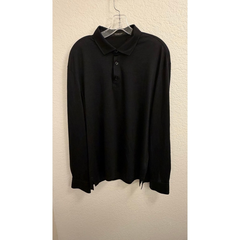 Ermenegildo Zegna High Performance Black Wool Long Sleeve Polo Shirt Mens 52 L